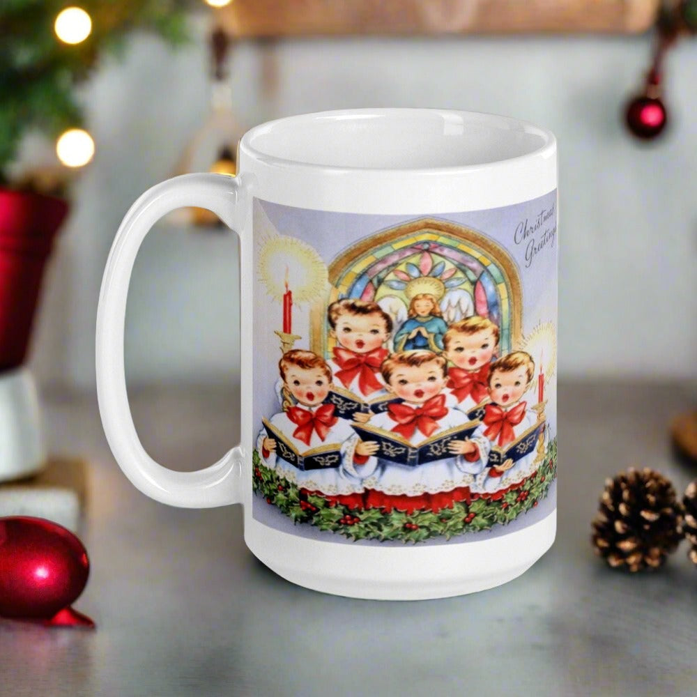 Christmas Greetings Children's Choir Of Carolers Mid Century Retro Christmas Coffee Mug
