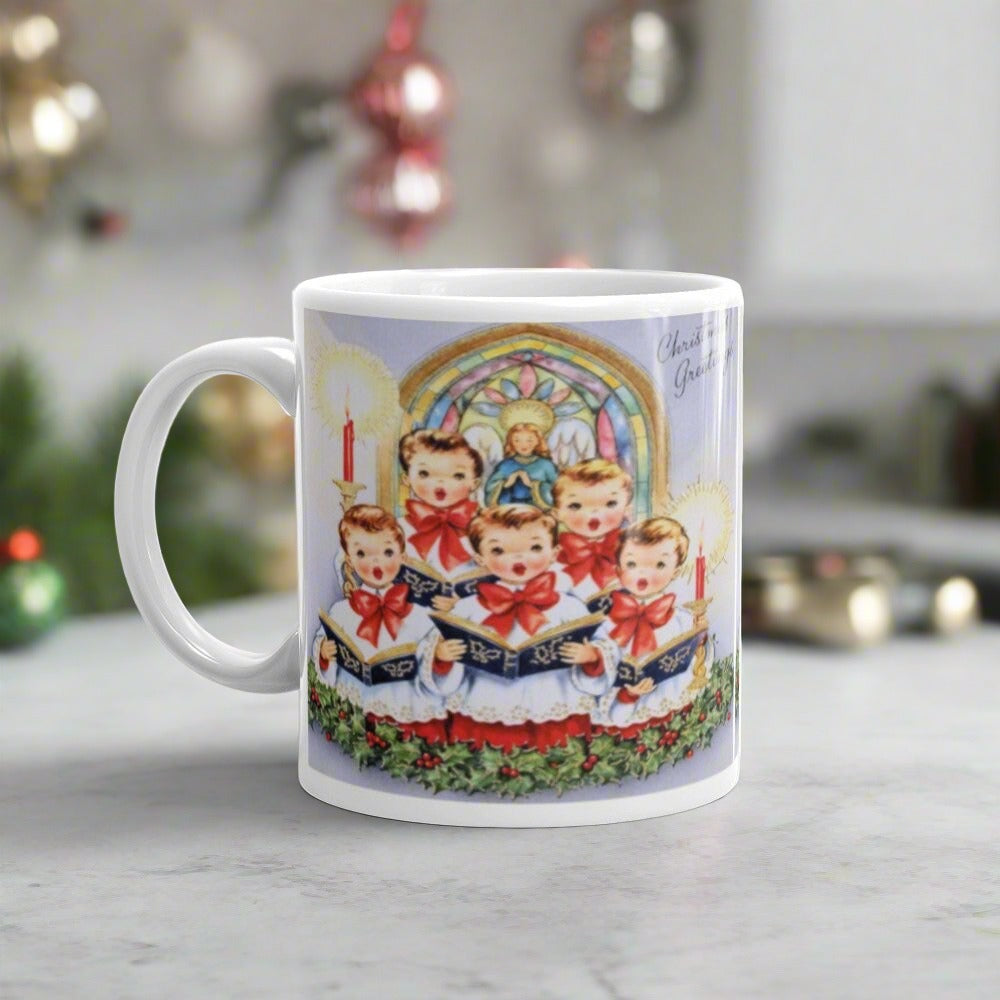 Christmas Greetings Children's Choir Of Carolers Mid Century Retro Christmas Coffee Mug