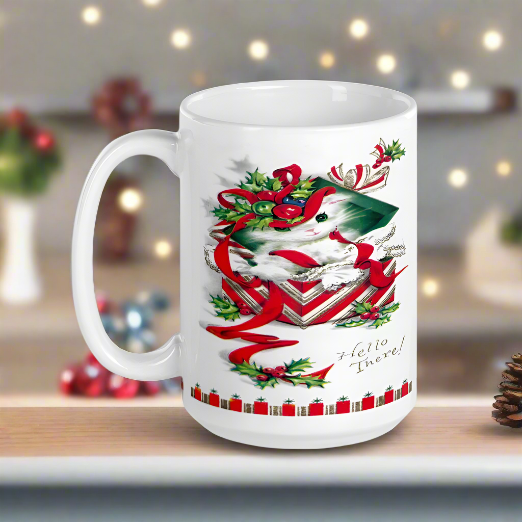 Christmas Kitten Hello There! Midcentury Retro Glossy Coffee Mug