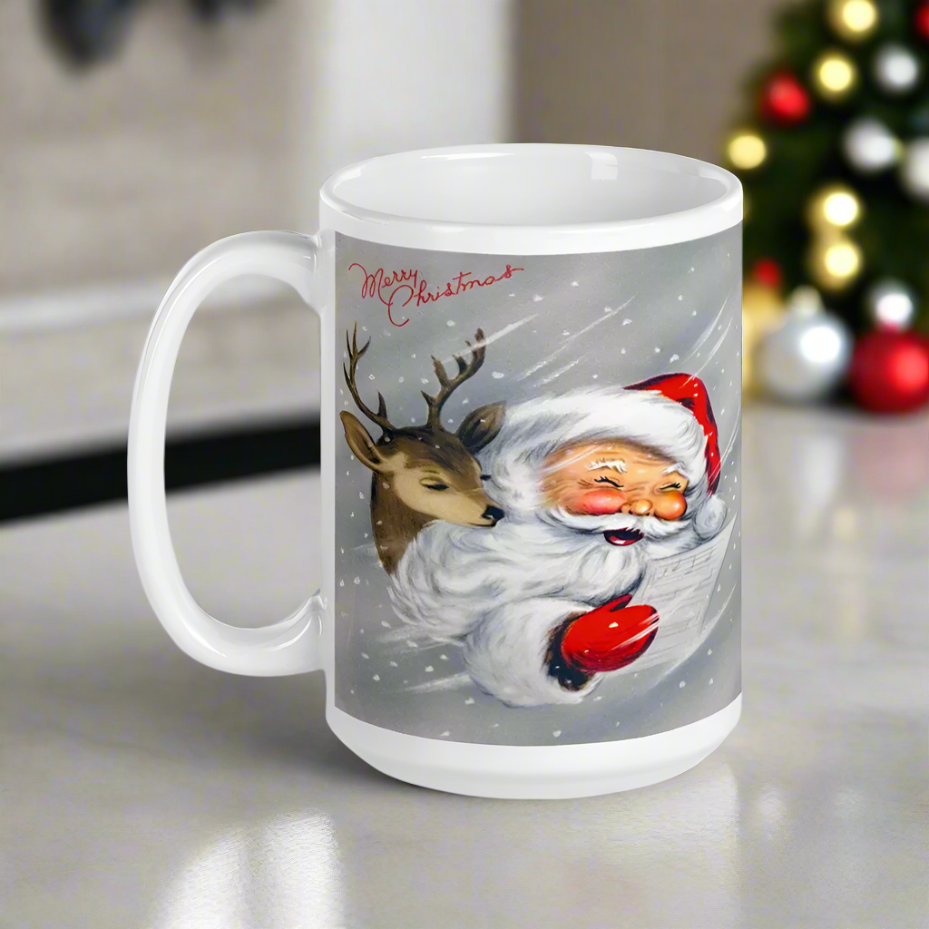 Santa With Reindeer Merry Christmas Midcentury Retro Glossy Coffee Mug