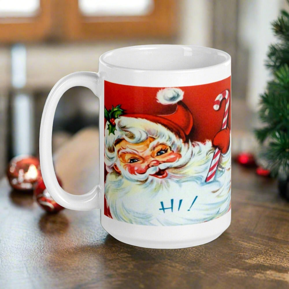Hi! Santa Christmas Mug Mid Century Retro Christmas Print Glossy Mug