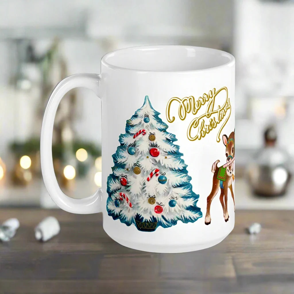 Merry Christmas Reindeer Tree Mid Century Retro Christmas Print Glossy Mug