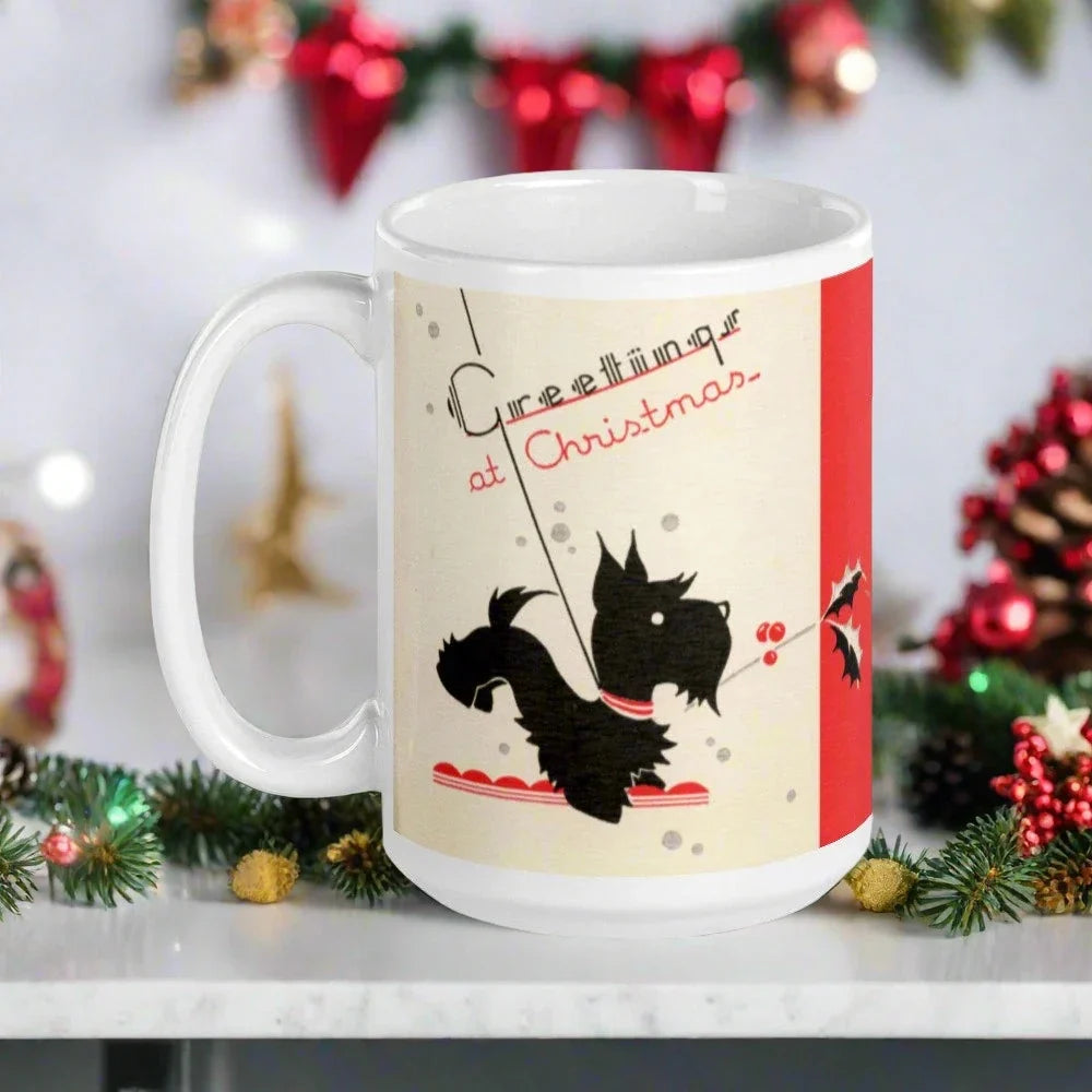 Greetings At Christmas Black Scottie Midcentury Christmas Coffee Mug