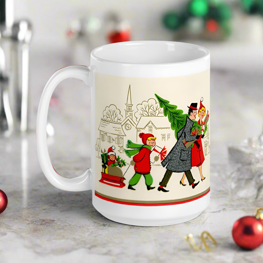 Family Christmas With Tree Mid Century Retro Christmas Print Glossy Mug