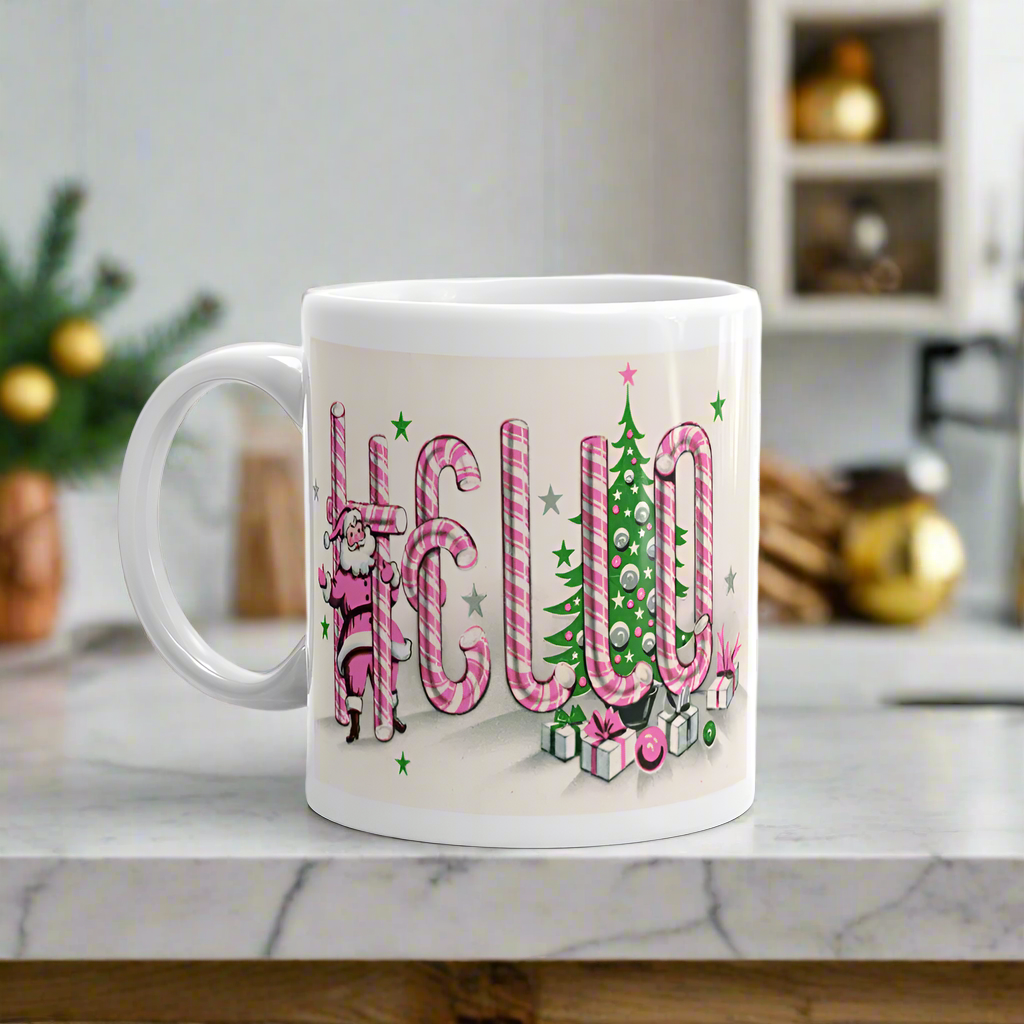 Hello Santa Midcentury Retro Pink Christmas Glossy Coffee Mug