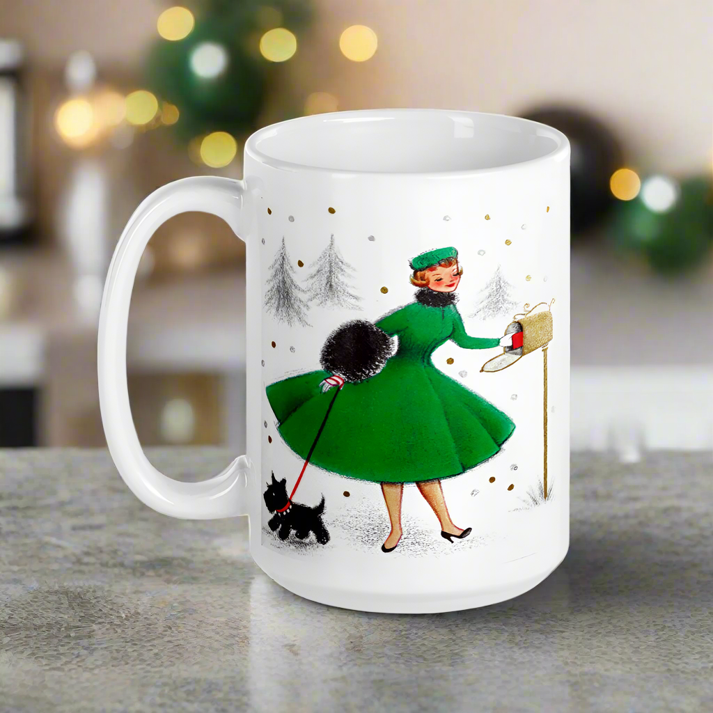 Christmas Lady With Black Scottie Dog At Mailbox Mid Century Retro Christmas Print Glossy Mug