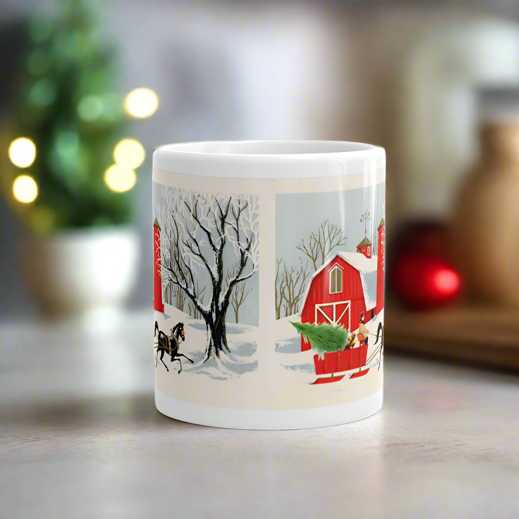 Country Barn Sleigh Ride Retro Christmas Glossy Coffee Mug