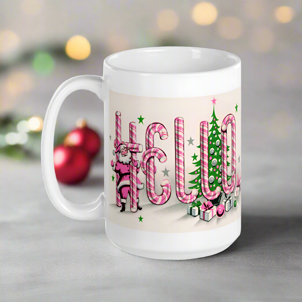 Hello Santa Midcentury Retro Pink Christmas Glossy Coffee Mug