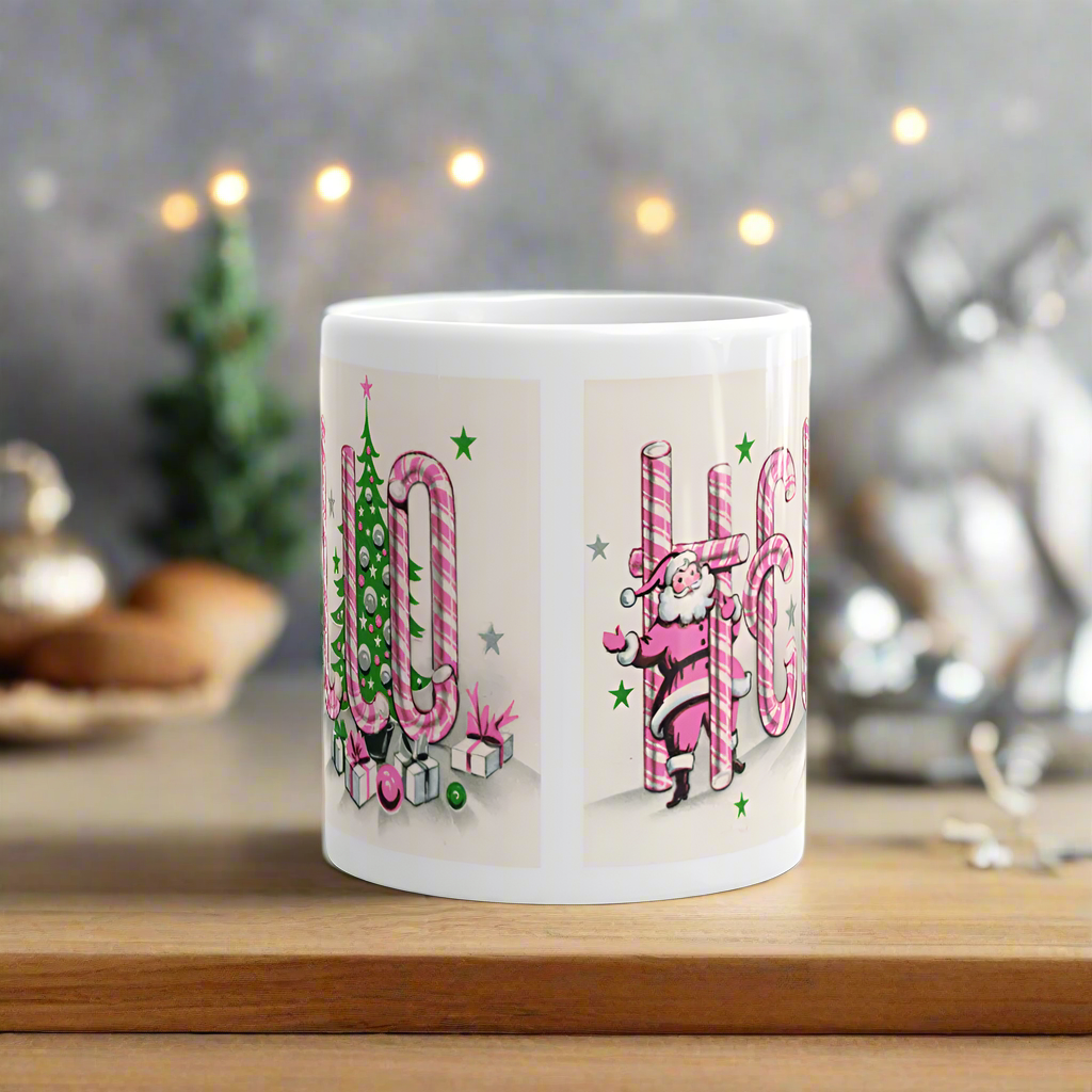 Hello Santa Midcentury Retro Pink Christmas Glossy Coffee Mug