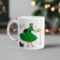 Christmas Lady With Black Scottie Dog At Mailbox Mid Century Retro Christmas Print Glossy Mug