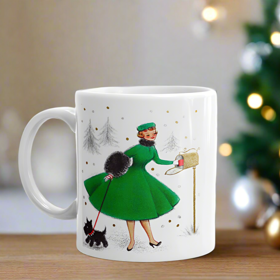 Christmas Lady With Black Scottie Dog At Mailbox Mid Century Retro Christmas Print Glossy Mug