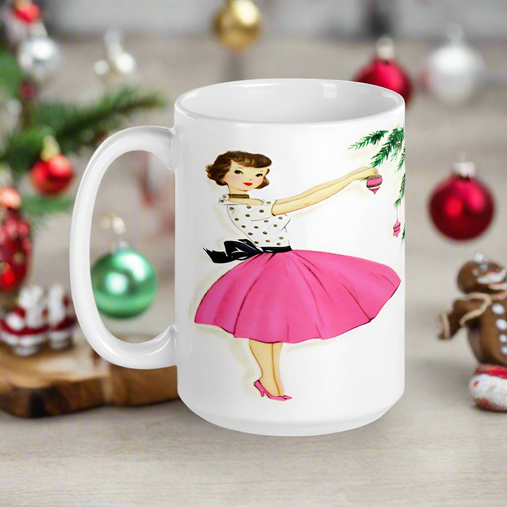 Christmas Lady Decorating Tree Pink Mid Century Retro Christmas Print Glossy Mug