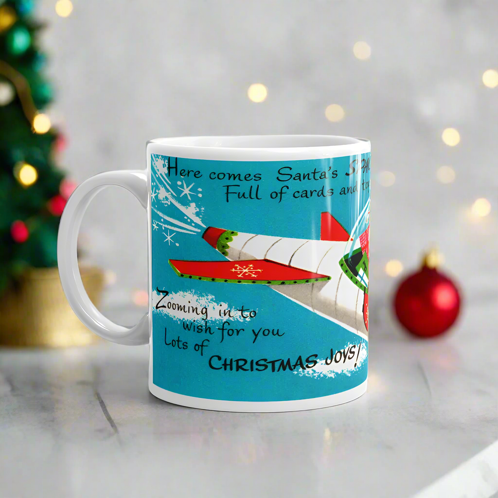 Santa Spaceship Rocket Midcentury Retro Christmas Glossy Coffee Mug