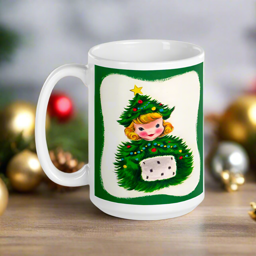 Christmas Tree Hat Girl Midcentury Retro Christmas Glossy Coffee Mug