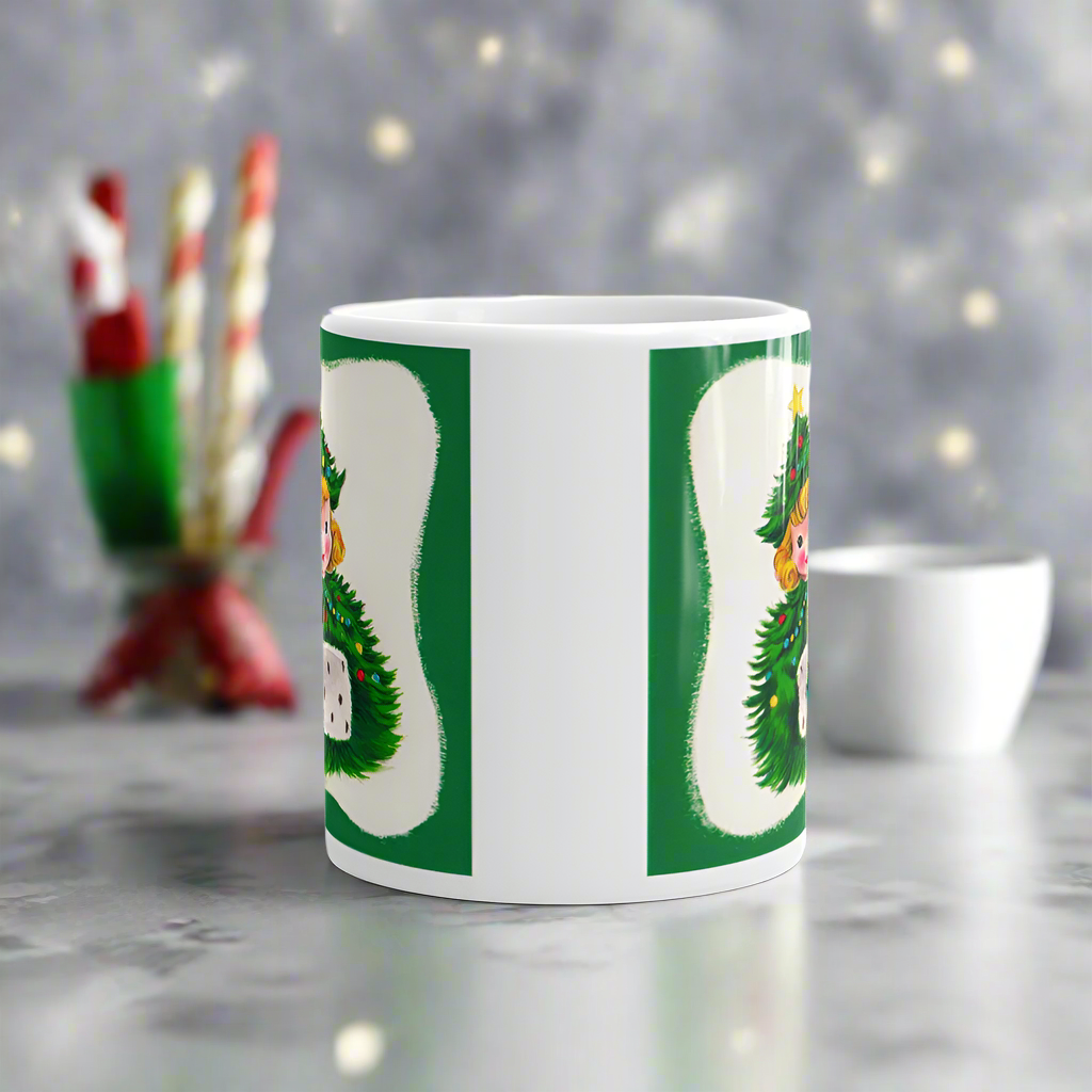 Christmas Tree Hat Girl Midcentury Retro Christmas Glossy Coffee Mug