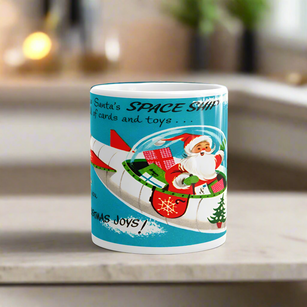 Santa Spaceship Rocket Midcentury Retro Christmas Glossy Coffee Mug