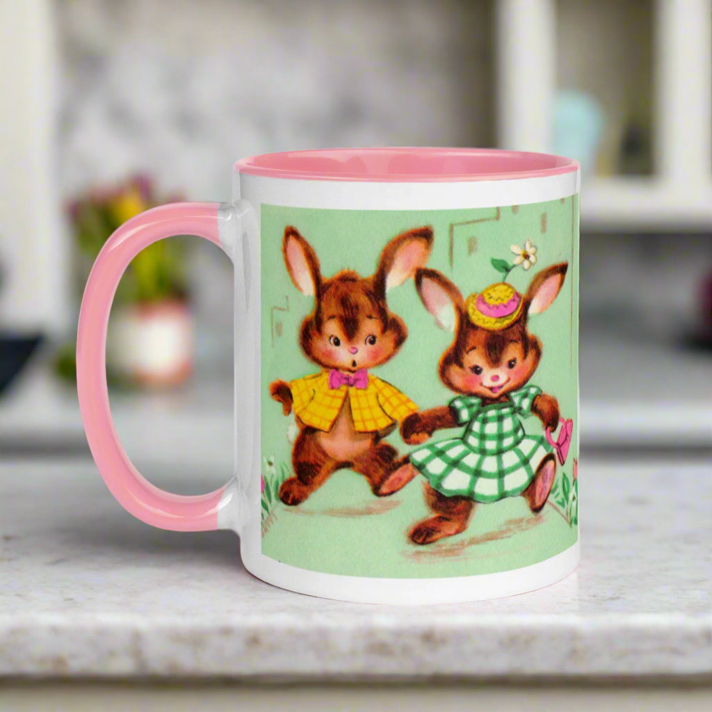 Midcentury Easter Bunnies Yellow Or Pink Lined Glossy Coffee Mug
