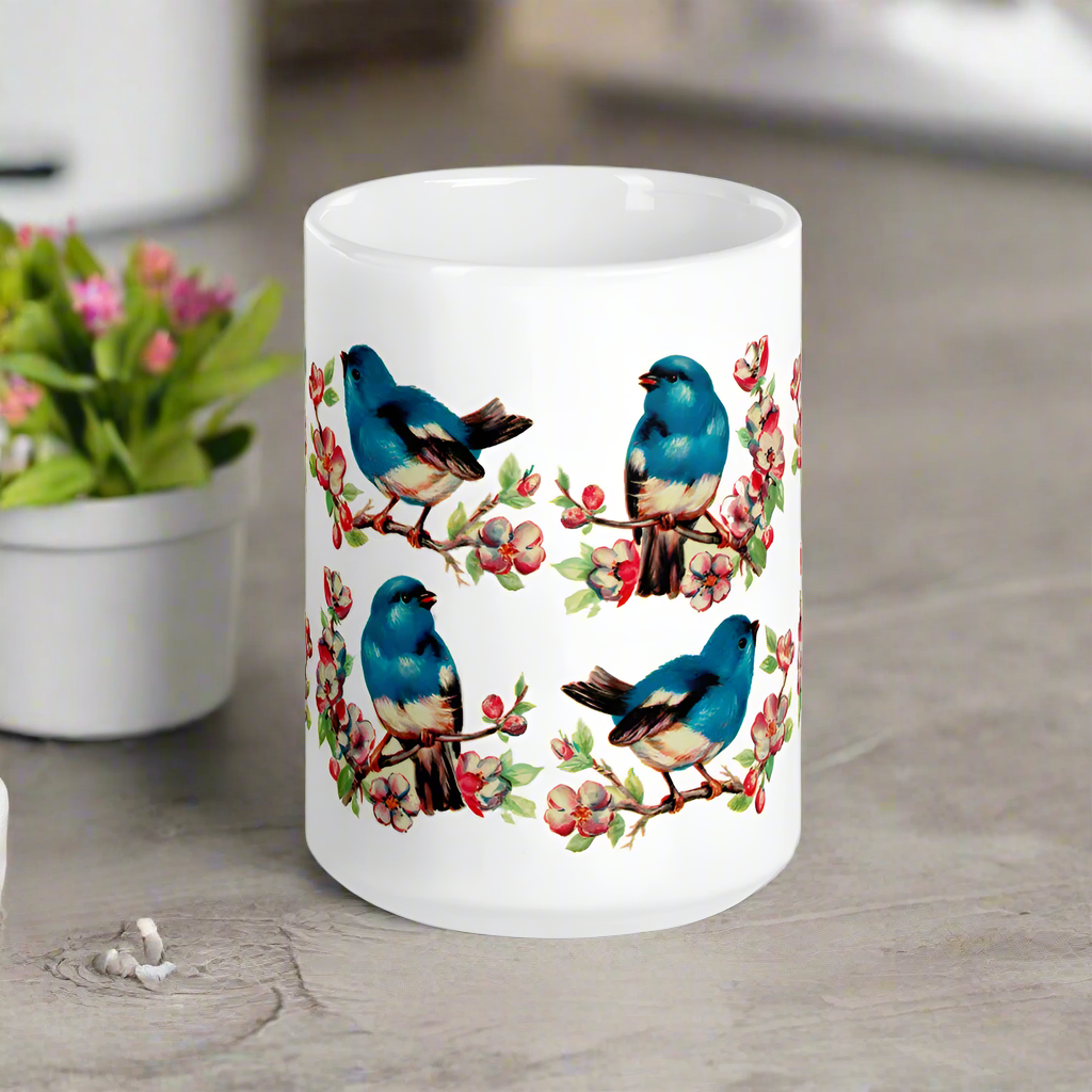 Vintage Style Retro Spring Bluebirds Glossy Coffee Mug