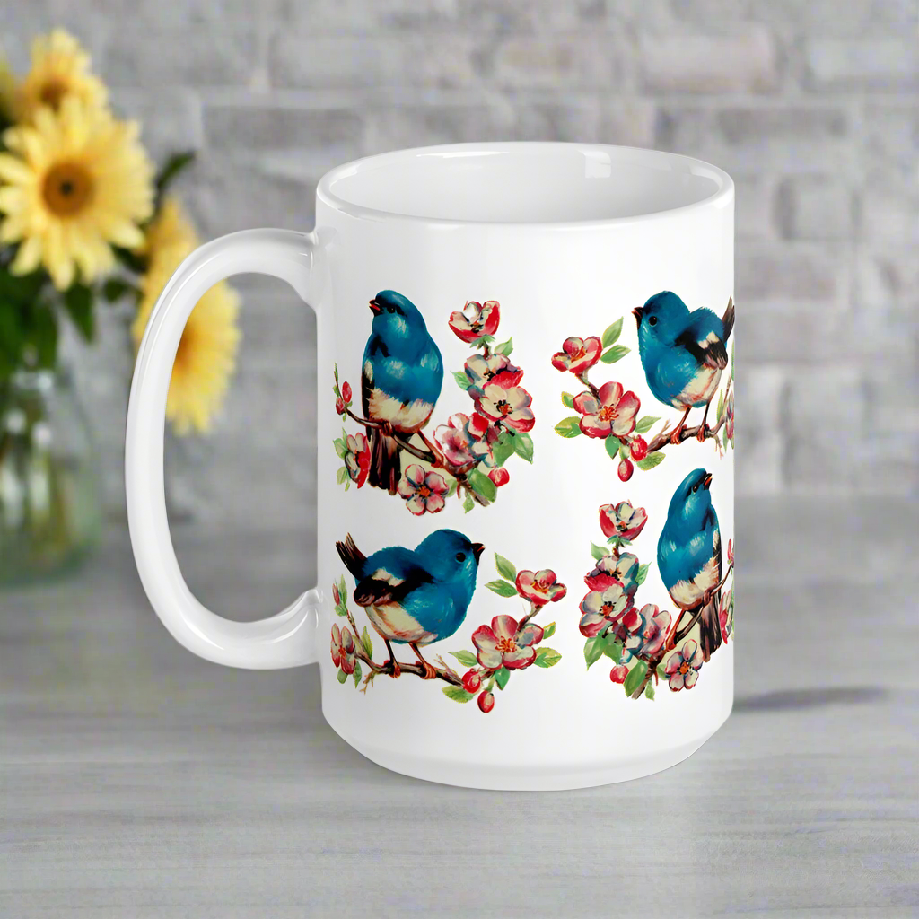 Vintage Style Retro Spring Bluebirds Glossy Coffee Mug