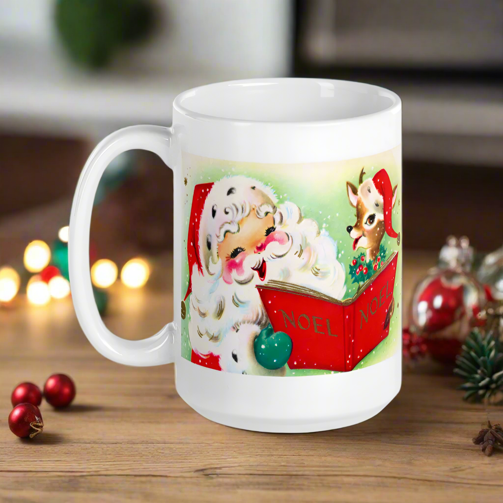 Santa Reindeer Noel Book Retro Christmas Glossy Coffee Mug
