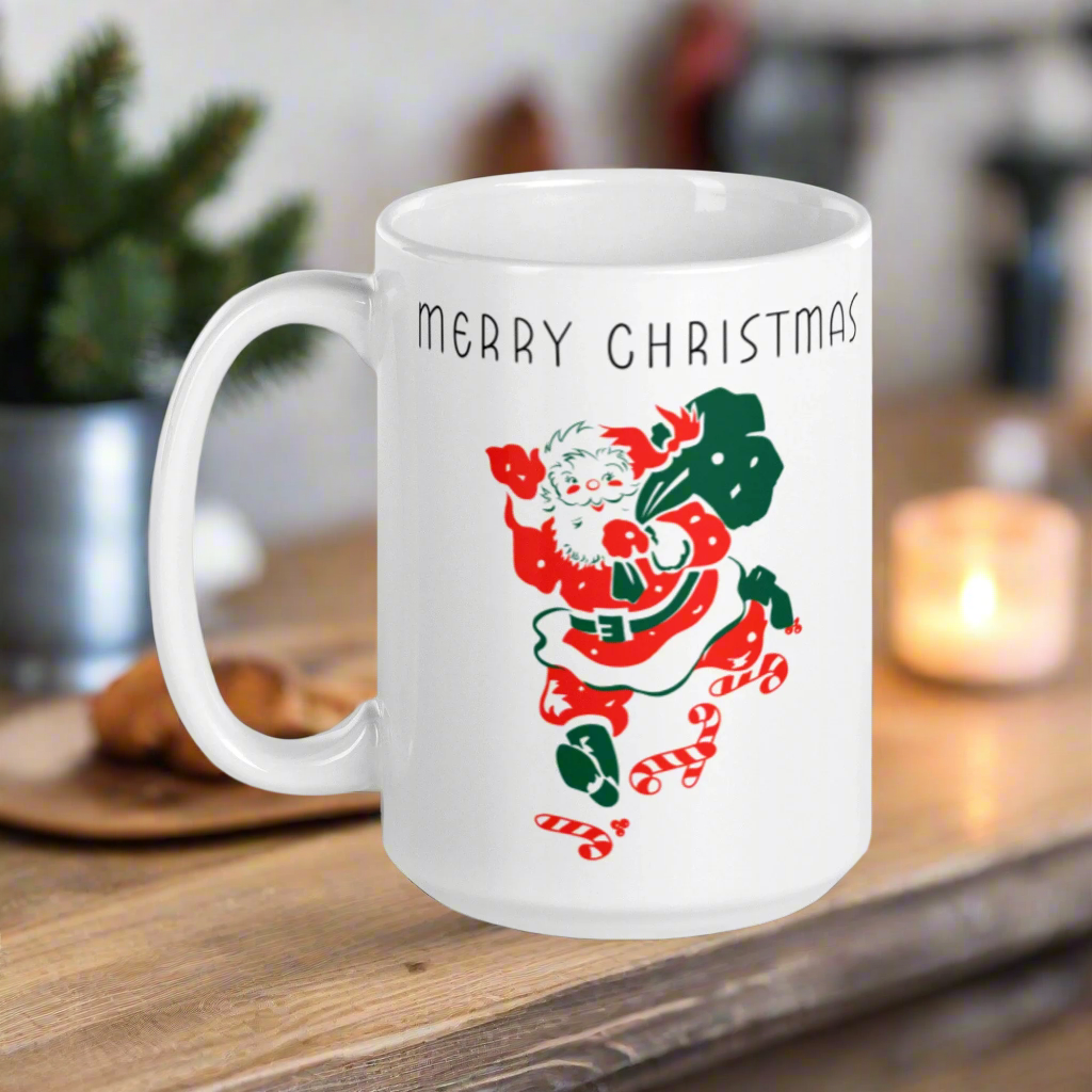 Merry Christmas Santa Mid Century Retro Christmas Print Glossy Mug