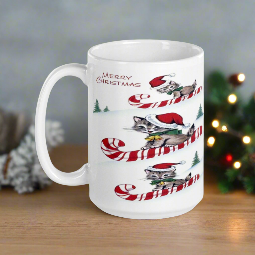 Merry Christmas Candy Cane Sledding Kittens Midcentury Retro Glossy Coffee Mug