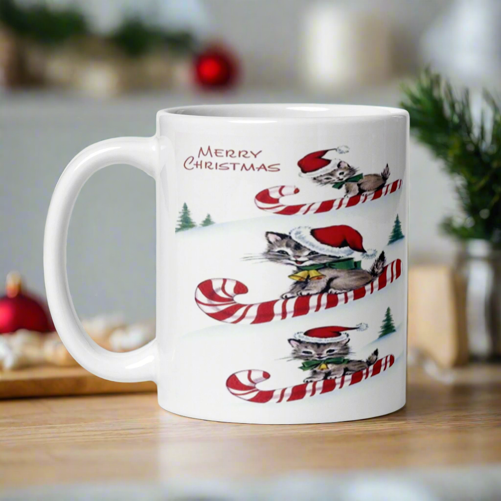 Merry Christmas Candy Cane Sledding Kittens Midcentury Retro Glossy Coffee Mug