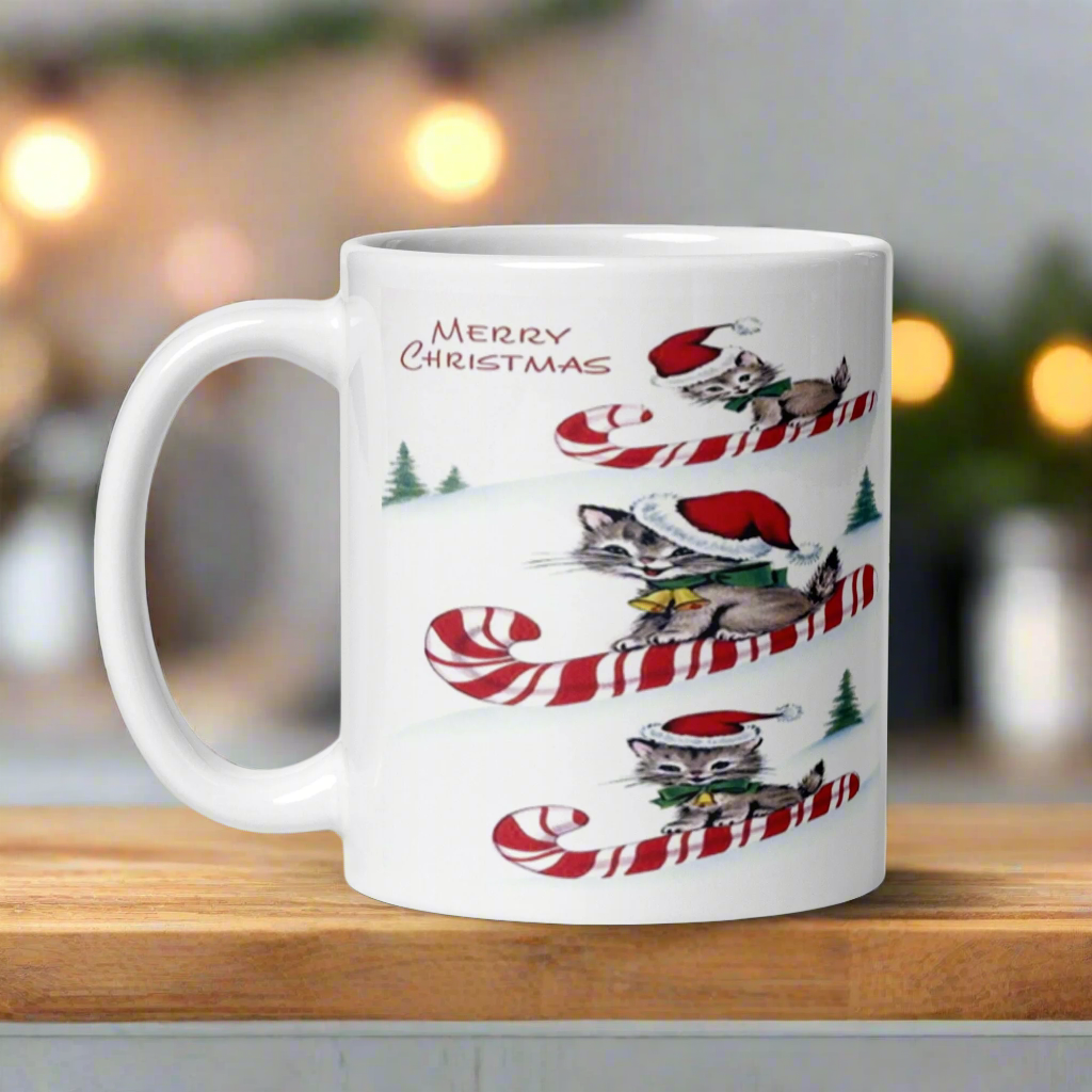 Merry Christmas Candy Cane Sledding Kittens Midcentury Retro Glossy Coffee Mug
