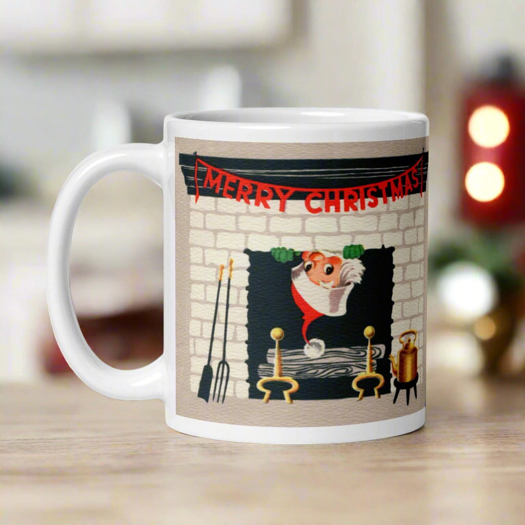 Merry Christmas Santa In Fireplace Midcentury Retro Glossy Coffee Mug