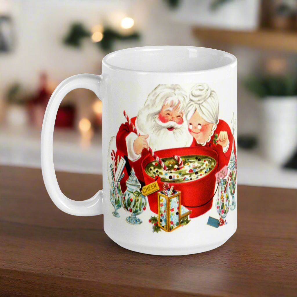 Santa And Mrs Claus Making Christmas Cheer Mid Century Retro Christmas Print Glossy Mug