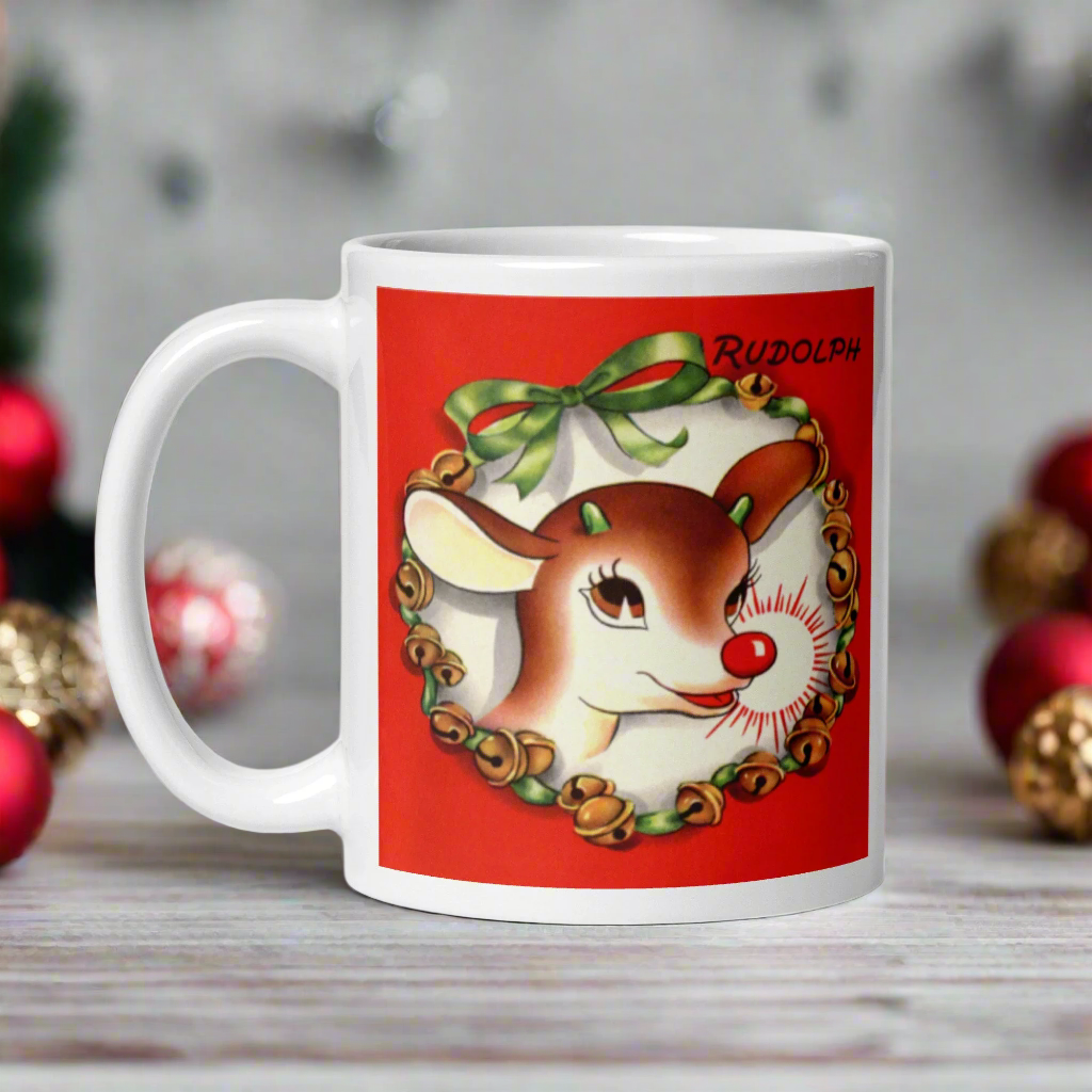 Rudolph The Red Nosed Reindeer Midcentury Retro Christmas Glossy Coffee Mug