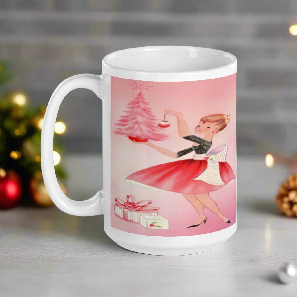 Pink Christmas Lady Housewife With Tree Midcentury Retro Christmas Glossy Coffee Mug