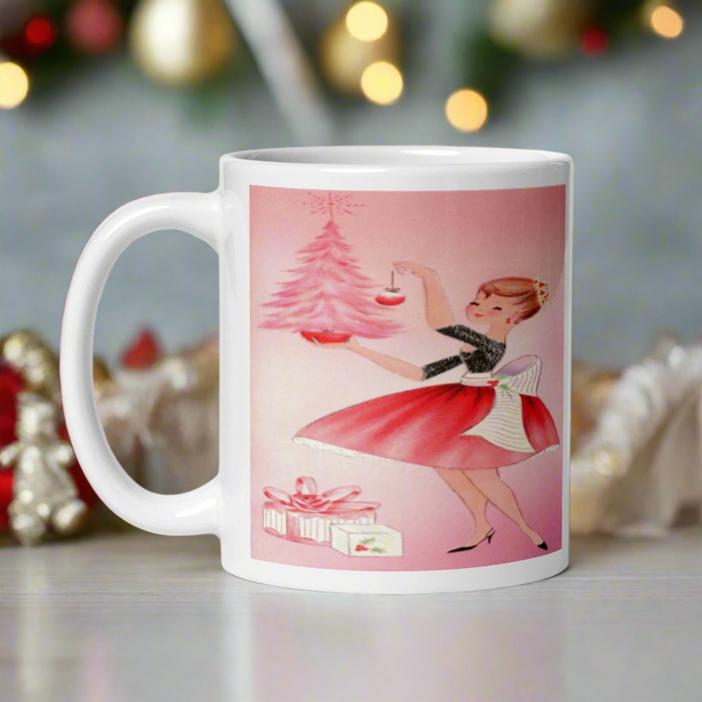 Pink Christmas Lady Housewife With Tree Midcentury Retro Christmas Glossy Coffee Mug