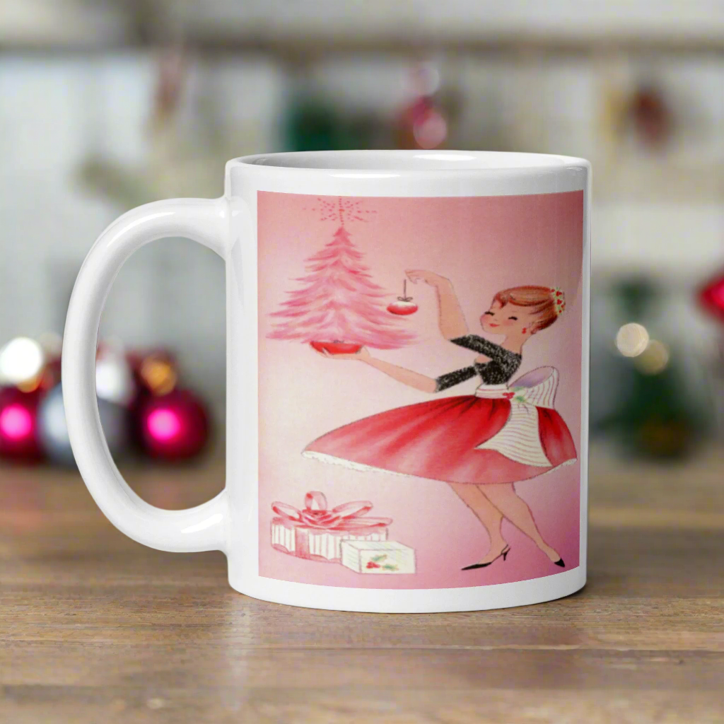 Pink Christmas Lady Housewife With Tree Midcentury Retro Christmas Glossy Coffee Mug