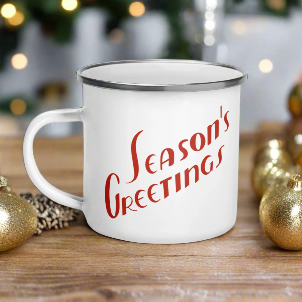 Season's Greetings Midcentury Retro Christmas Hot Chocolate Camping Enamel Mug