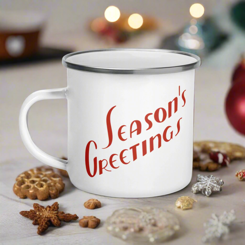 Season's Greetings Midcentury Retro Christmas Hot Chocolate Camping Enamel Mug