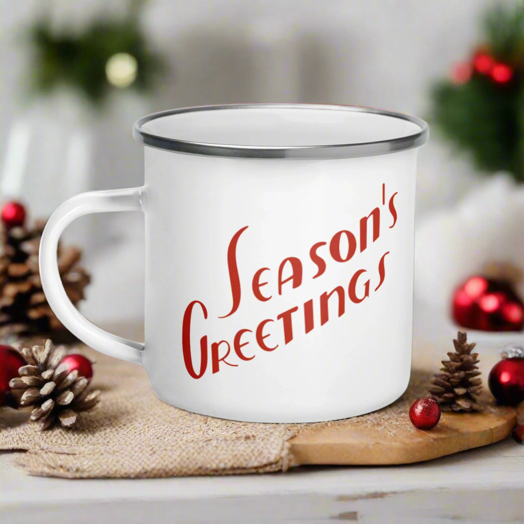 Season's Greetings Midcentury Retro Christmas Hot Chocolate Camping Enamel Mug