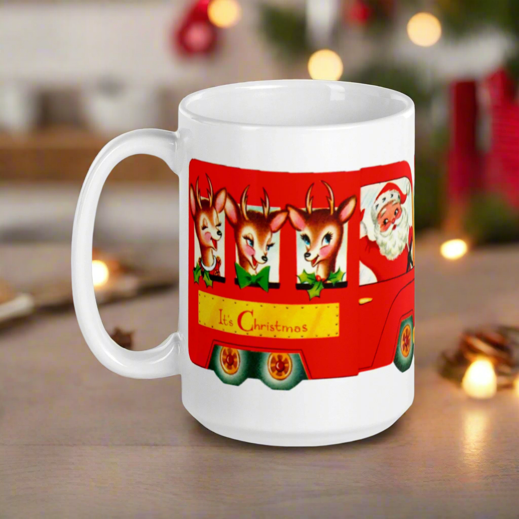 It’s Christmas Santa Reindeer Bus Mid Century Retro Christmas Print Glossy Mug