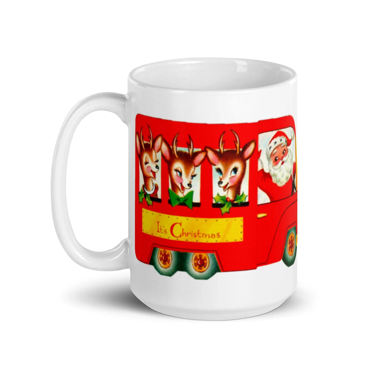 It’s Christmas Santa Reindeer Bus Mid Century Retro Christmas Print Glossy Mug