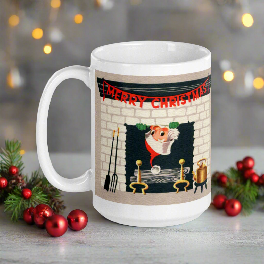 Merry Christmas Santa In Fireplace Midcentury Retro Glossy Coffee Mug