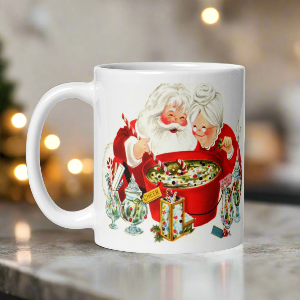 Santa And Mrs Claus Making Christmas Cheer Mid Century Retro Christmas Print Glossy Mug