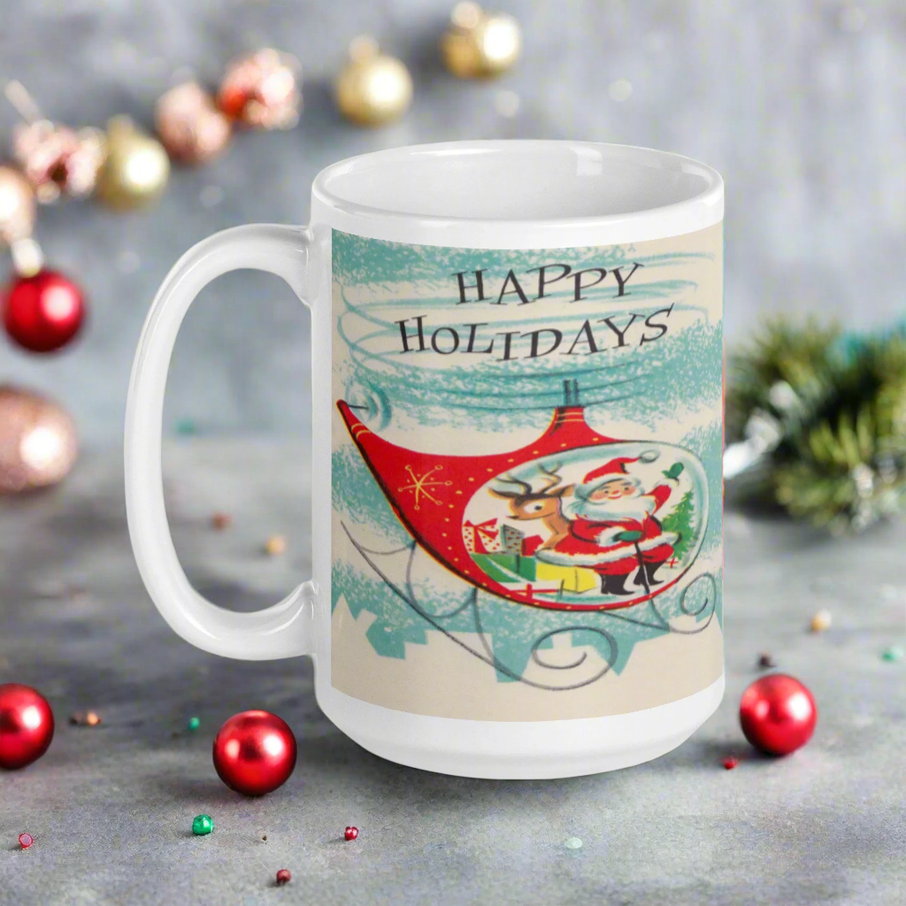 Happy Holidays Santa In Helicopter Mid Century Retro Christmas Print Glossy Mug