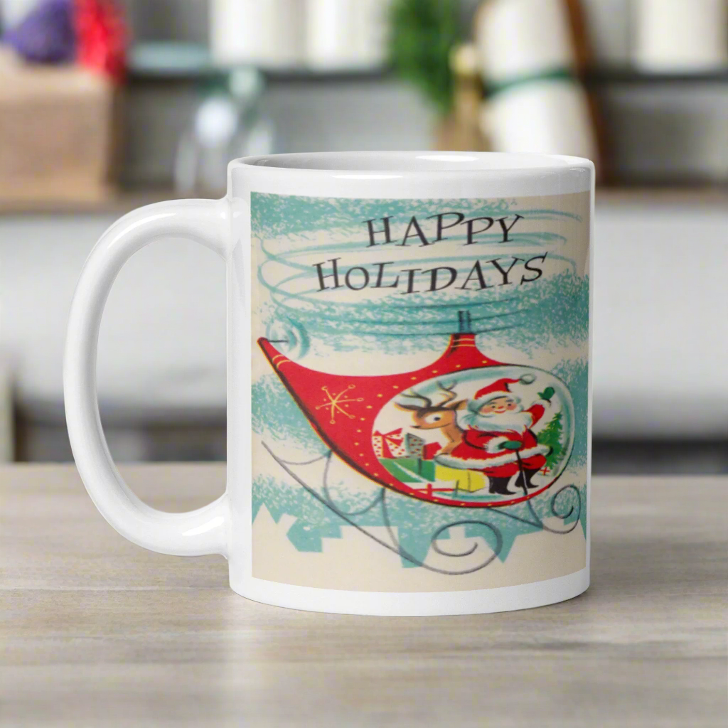 Happy Holidays Santa In Helicopter Mid Century Retro Christmas Print Glossy Mug