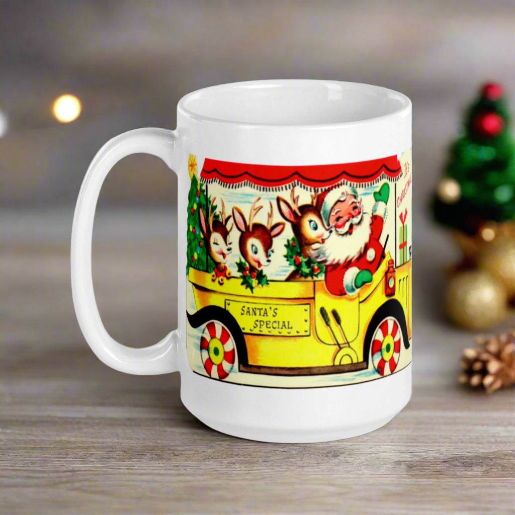 Santa And Reindeer In Bus Mid Century Retro Christmas Print Glossy Mug