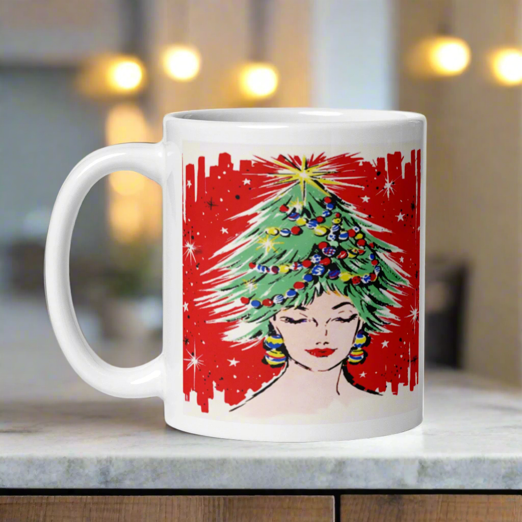 Christmas Tree Hat Lady Midcentury Retro Glossy Coffee Mug