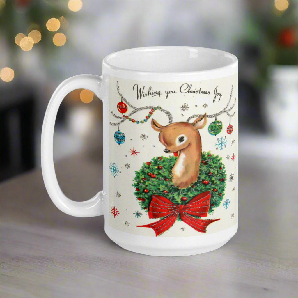 Wishing You Christmas Joy Reindeer With Ornaments Midcentury Retro Christmas Glossy Coffee Mug