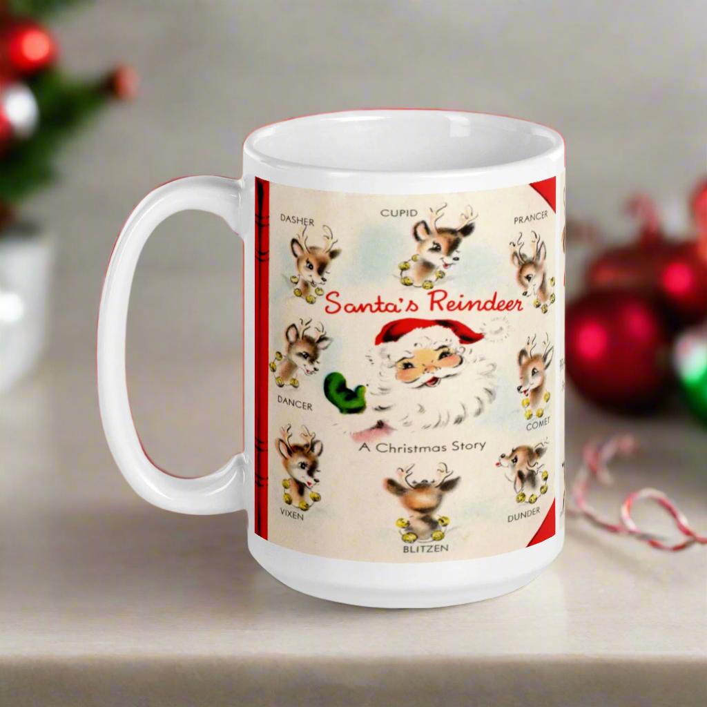Santa’s Reindeer Story Christmas Midcentury Retro Glossy Coffee Mug