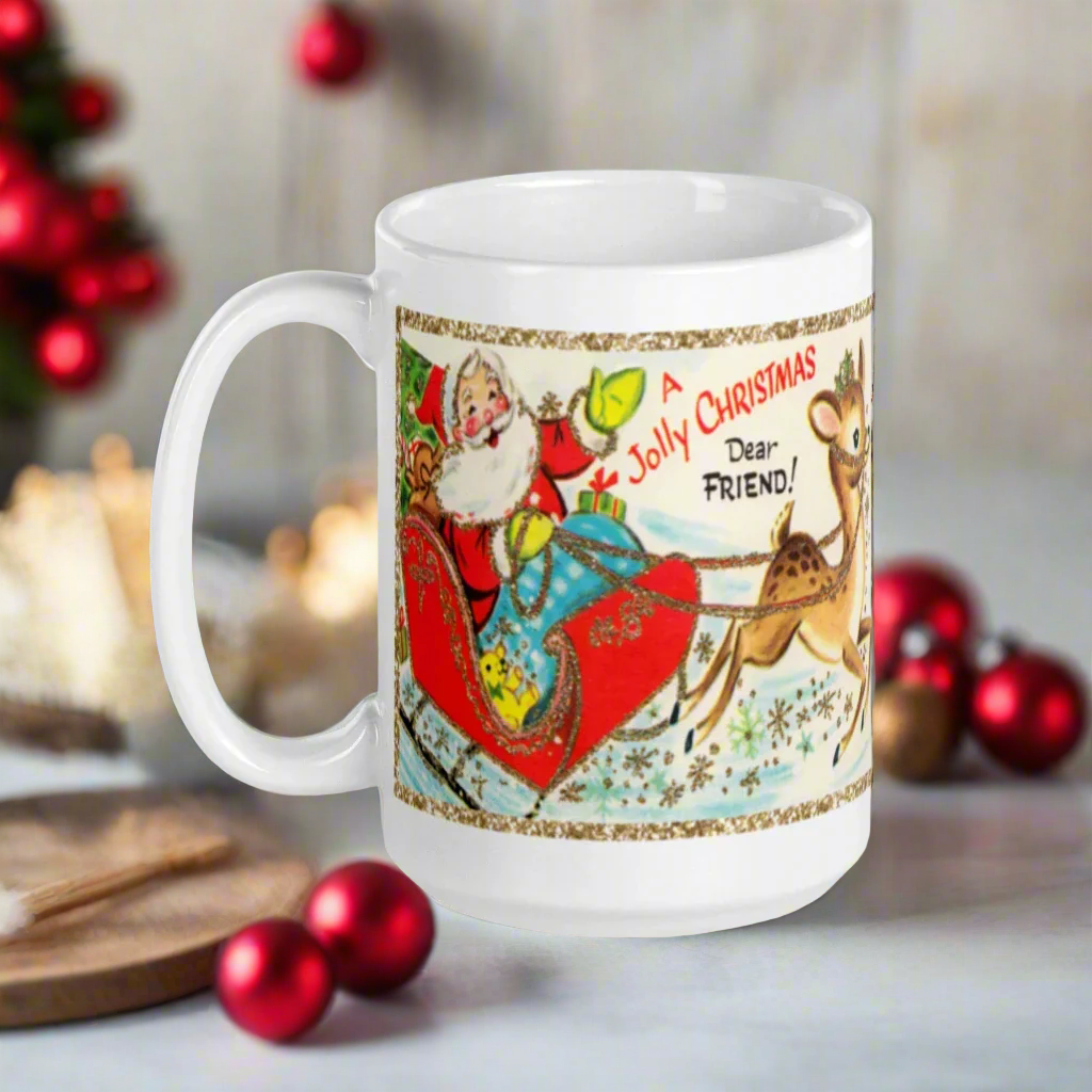 A Jolly Christmas Dear Friend Santa Reindeer Retro Christmas Glossy Mug