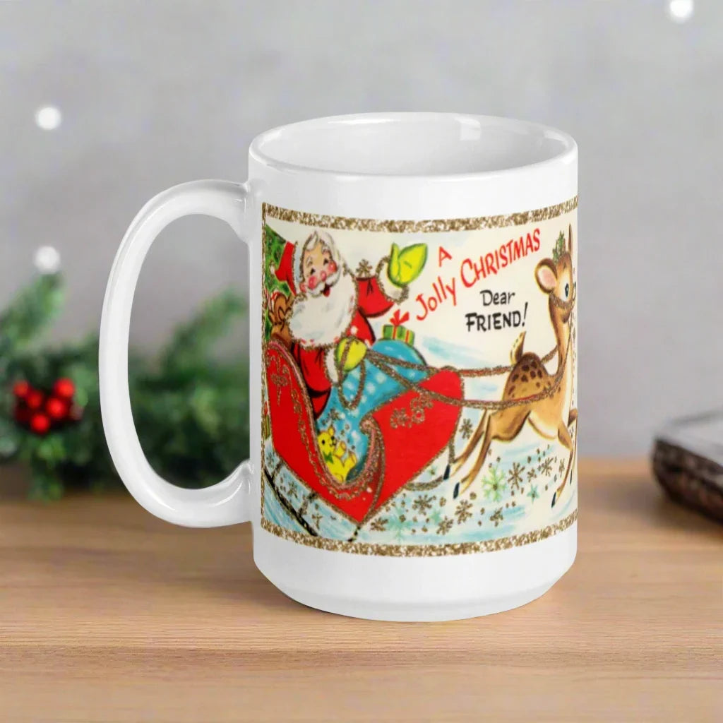 A Jolly Christmas Dear Friend Santa Reindeer Retro Christmas Glossy Mug