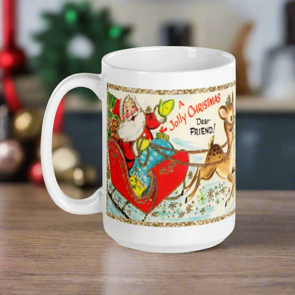 A Jolly Christmas Dear Friend Santa Reindeer Retro Christmas Glossy Mug